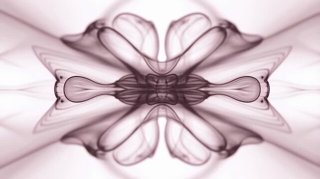 Symmetrical smoke-like shapes flow and morph softly in warm brown and beige tones on a light gradient background. Glowing motion background with symmetry and fluid dynamics.