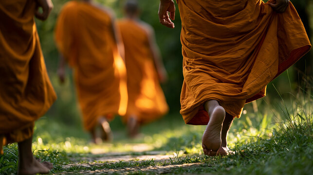 Buddhist monks walking barefoot on a forest path, practicing meditation and spiritual mindfulness
