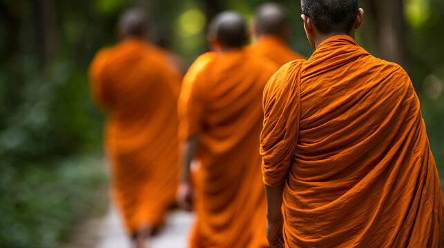 Group of buddhist monks walking away from the viewer in bright orange robes along a calm forest path