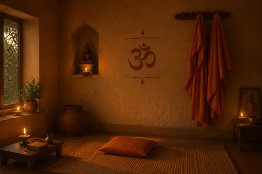 An Indian ashram room with an orange robe on the wall, lit by candlelight.
