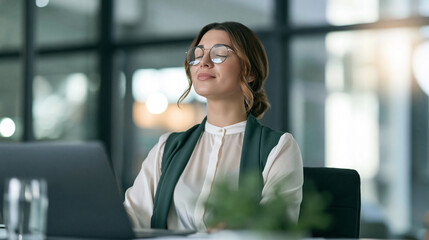 Fototapeta premium Businesswoman meditating at her office desk, finding peace and reducing stress during a mindful break