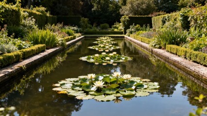 Fototapeta premium A serene garden pond lined with neatly trimmed hedges and adorned with water lilies reflecting in calm water.