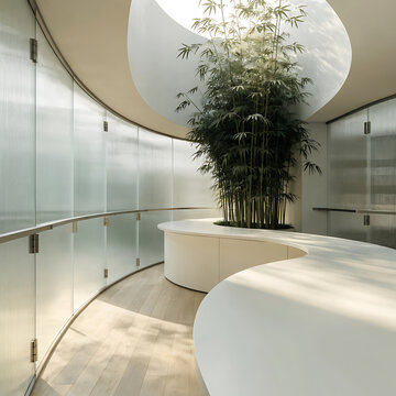 Architectural interior with bamboo plants and curved white walls photorealistic rendering design modern architecture contemporary