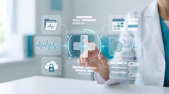 Medical professional accessing secure electronic health records on futuristic patient diagnostic dashboard interface