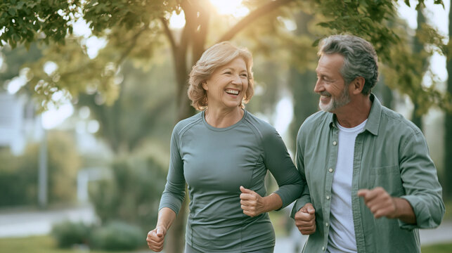 Happy senior couple jogging outdoors, enjoying active lifestyle and fitness in a park with beautiful morning light