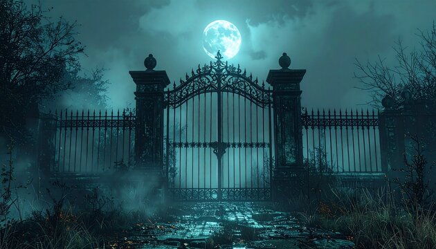 Graveyard gate with iron bars, fog, moonlight, gothic atmosphere, ultra detailed metal textures