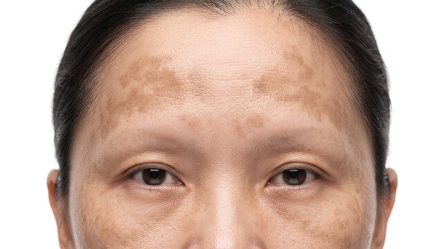 Close up of Asian woman upper face with severe melasma hyperpigmentation and dark sun spots