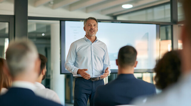Speaker engaging with a diverse group of employees, sharing insights and data in a modern office environment