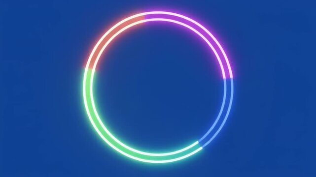Neon circles animate with gradient colors against a blue background