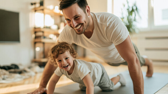 Father and young son exercising together on a mat at home, enjoying a fun and healthy family workout