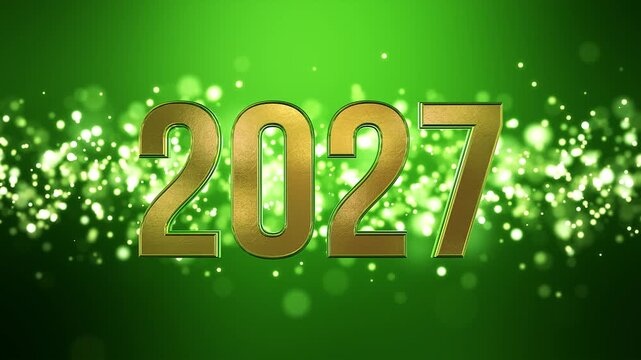 Video animation of golden light shine particles bokeh over green background and the numbers 2027 in gold - represents the new year - vacation concept.