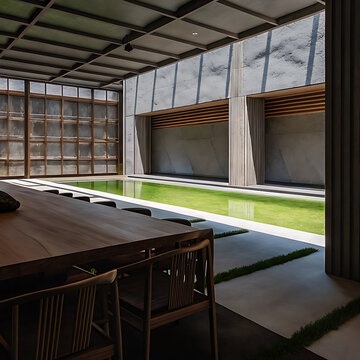 Architectural interior photograph featuring a modern dining room overlooking a green courtyard with a pool