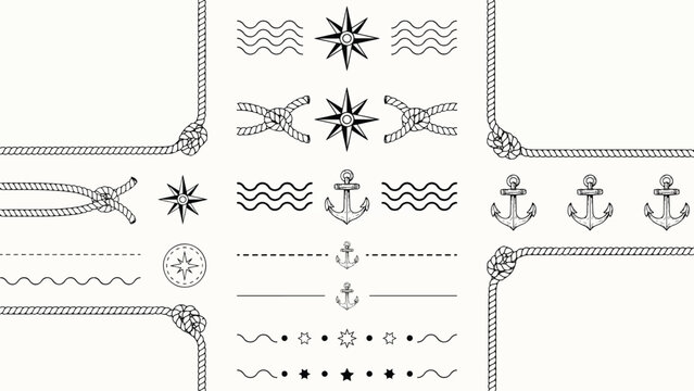 Nautical themed border elements featuring ropes anchors waves and compass illustrations for creative projects