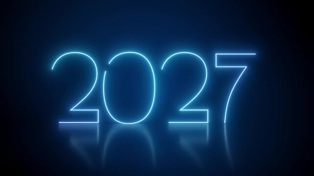 Video animation of abstract neon lights with the numbers 2027 in blue over dark background on a reflective floor - represents the new year - vacation concept.