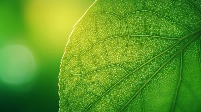 Green leaf veins with bokeh background and gentle camera drift in soft natural light