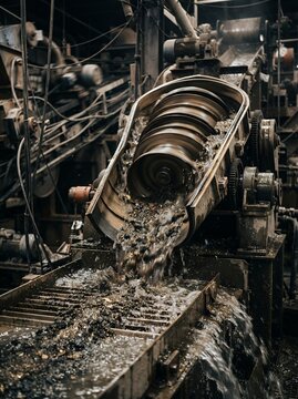 Industrial Mineral Washing Machine Processing Raw Stones With Splashing Water In A Dark Facility