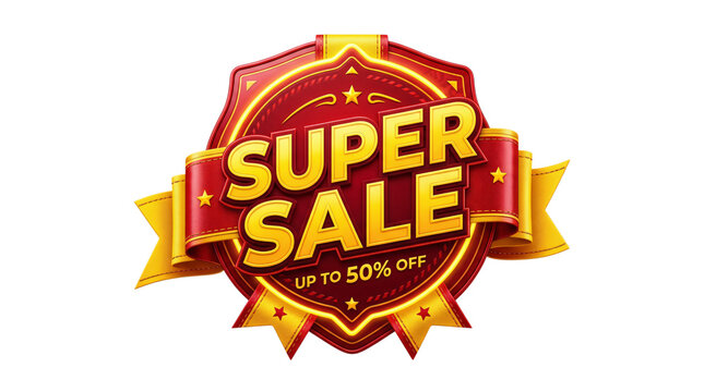 Super Sale badge with red and gold ribbon, promotional discount emblem for retail marketing, up to 50 percent off sticker