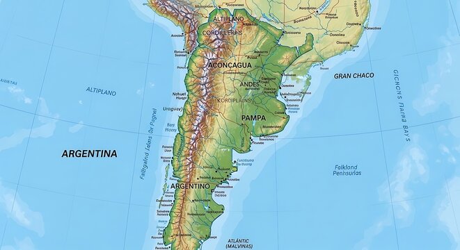 Colorful Physical Map Showing Argentina and Andes Mountains in South America