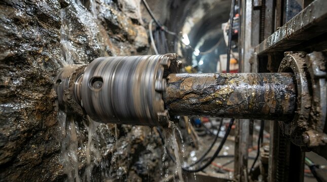 Close up view of an industrial mining drill bit boring into a rugged dark rock tunnel wall with wet mud and water dripping from the metal machinery component.