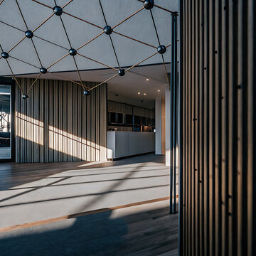 Architectural interior with geometric sphere and strut structure and wooden slat wall photorealistic rendering architecture