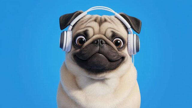 Pug faces with headphones in sequence against a bright blue background showing emotions