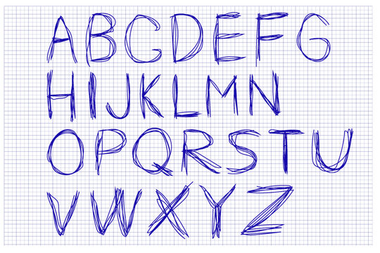 Letters are drawn in blue ink on grid paper showing upper case characters from A to Z