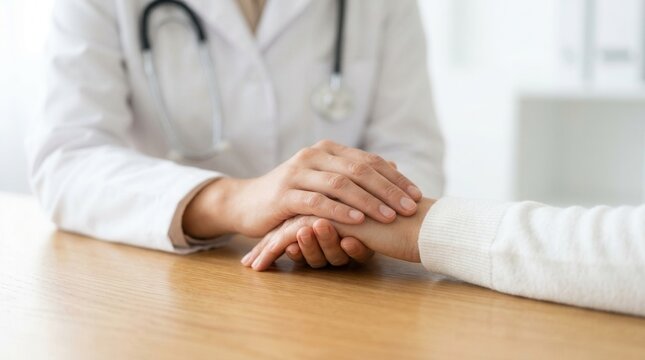 Female physician's hands reassuring woman while sitting at the wooden table in clinic, medicine concept.
