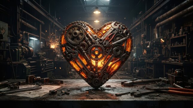 Steampunk Heart Made of Tools and Gears Glowing with Inner Fire in a Workshop love mechanical