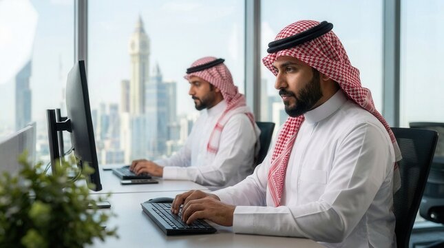 Two Saudi men working on computers in traditional attire in a modern office environment