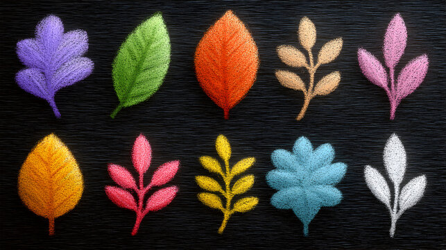 Colorful autumn leaves drawn with chalk on black textured board set of bright decorative graphic elements