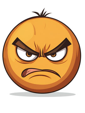Angry orange character emoji with stern facial expression thick eyebrows and furious look cartoon illustration