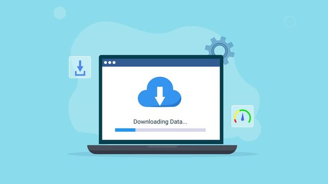 Animated laptop with Downloading Data interface, cloud download icon, file symbol, and headphones element, representing cloud storage, data transfer, software, and digital technology.