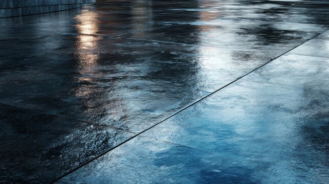 Close-up of wet, reflective pavement, mirroring soft building light and sky; cool tones dominate the surface