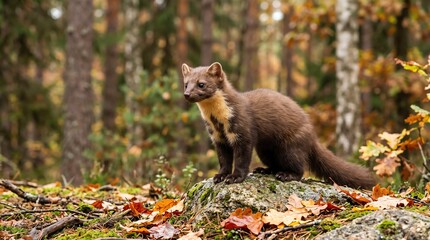 Naklejka premium Wild marten standing on forest floor surrounded by autumn leaves