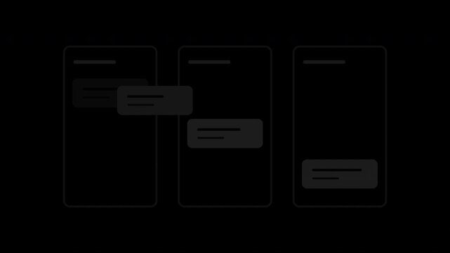 Black kanban task cards moving between workflow columns on transparent background