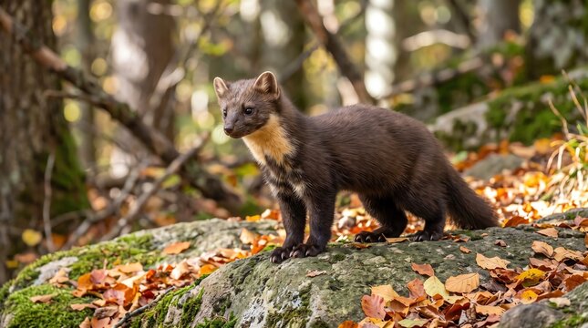 European pine marten standing on a mossy rock in autumn forest