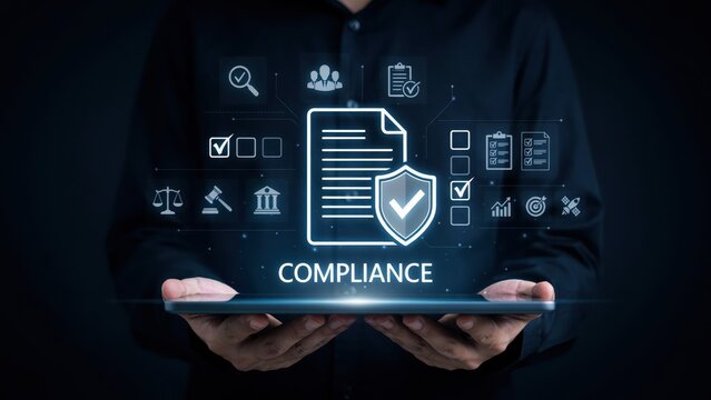 Person holding a digital tablet displaying a glowing compliance document with a shield, checkmark, and various legal and regulatory symbols