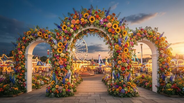 Vibrant floral archway at amusement park with Ferris wheel at dusk carnival fair