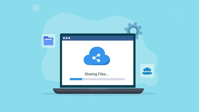 Animated laptop with Sharing Files interface, cloud sharing icon, folder, and user symbol, representing cloud storage, file sharing, collaboration, data transfer, and digital technology.