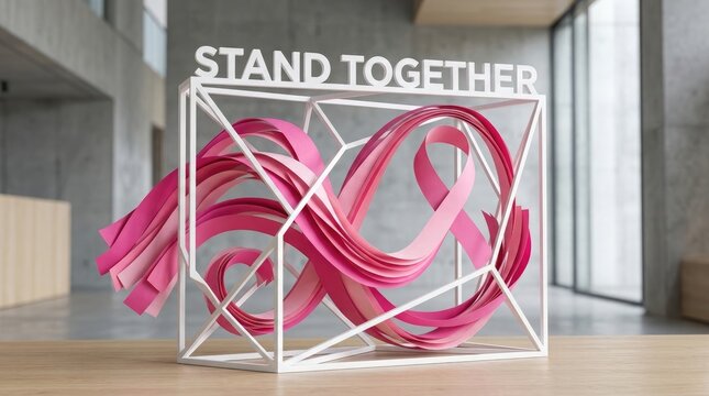 Modern artistic sculpture with pink ribbons displayed for breast cancer awareness month october to show support and community unity together
