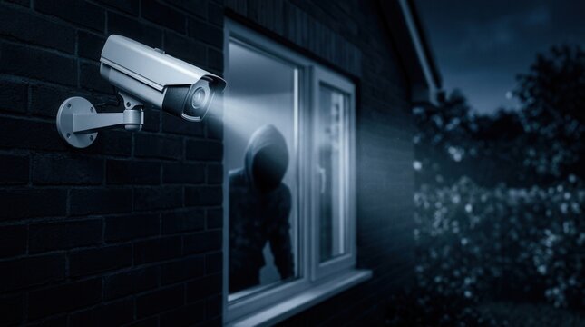 CCTV camera watches a house window at night for home alarm system security and surveillance for intrusion prevention.
