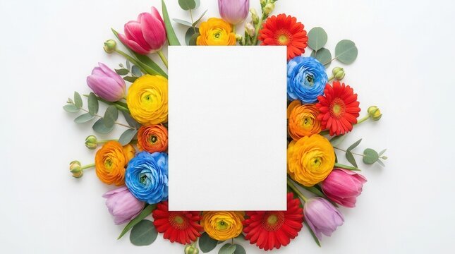 Blank white notecard mockup surrounded by colorful spring flowers and tulips for greeting cards