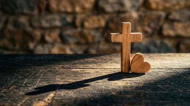 Spiritual concept featuring a wooden cross and heart with a long shadow on a textured wooden surface.