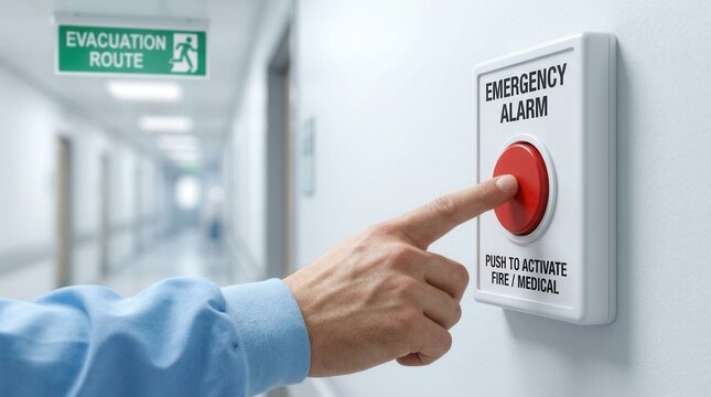 Hand pressing an emergency alarm button in a medical facility hallway for fire medical alert system preparedness.
