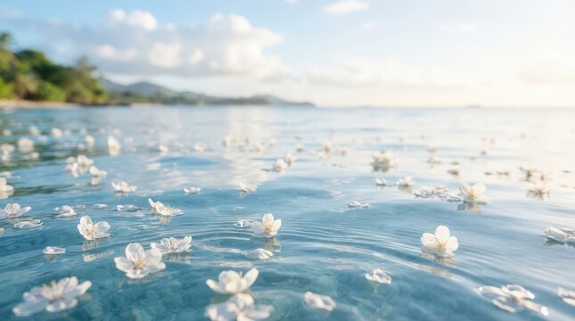 White flower petals floating on calm ocean water with distant coastline flowers