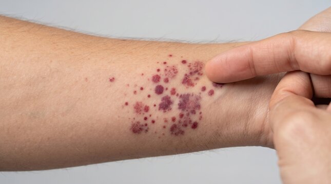 Patient pointing finger at severe purpura, petechiae, or vascular skin rash on the forearm