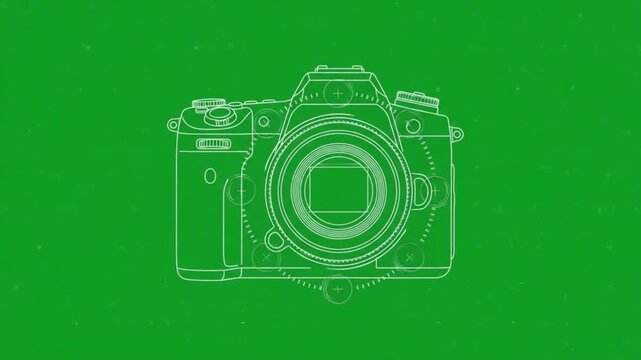 Digital camera blueprint animation: technical dslr schematic overlay on green screen background de