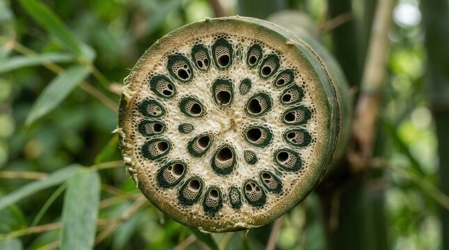 Bamboo culm interior cross-section showing vascular bundles in parenchyma tissue, xylem vessels, phloem sieve tubes, and sclerenchyma fiber sheaths