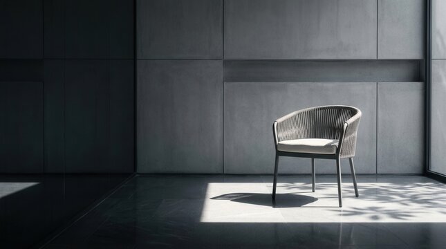A single modern chair in a minimalist architectural interior with dramatic light and shadow play