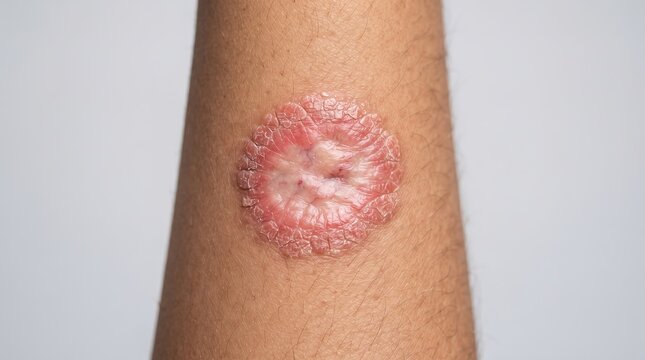Macro close up of a raised circular red plaque on an arm indicating ringworm tinea corporis or fungal infection